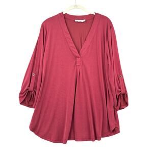 Lush Pink 3/4 Sleeves Roll Tab Pleated Deep V Neck‎ Tunic Blouse Extra Large